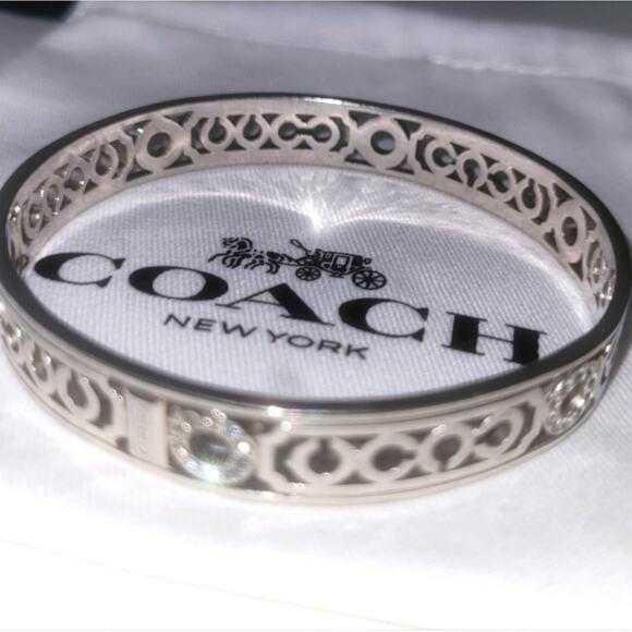 Coach Rare Silver & Crystal Cut-Out Bangle Bracelet with Dust Bag EUC MSRP $150 - Picture 2 of 10